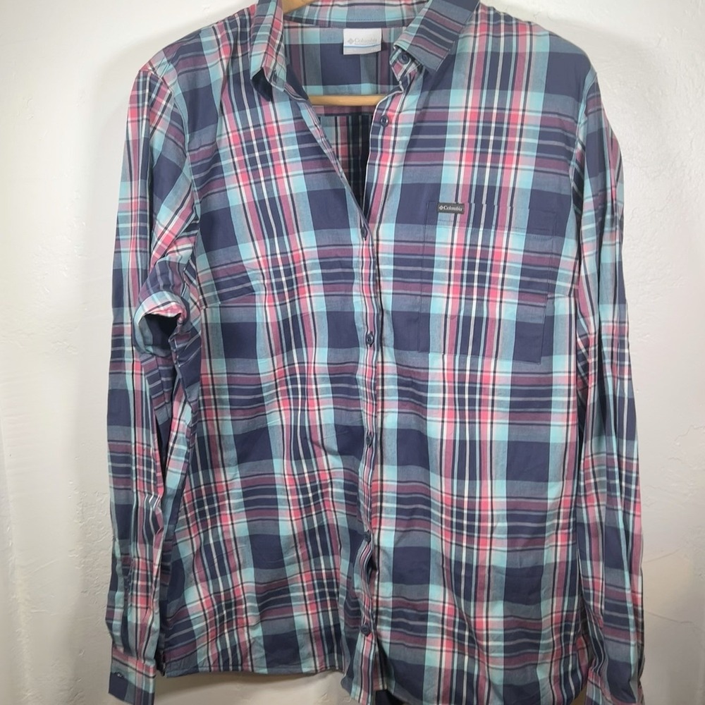 Columbia Men's XXL Plaid Button-Down Long Sleeve Shirt Blue Pink Casual Outdoor‎